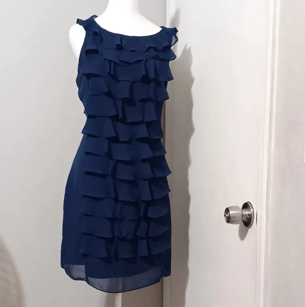 Adrianna Papell Women Ruffle Sleeveless Dress‎ Navy Blue Sz10